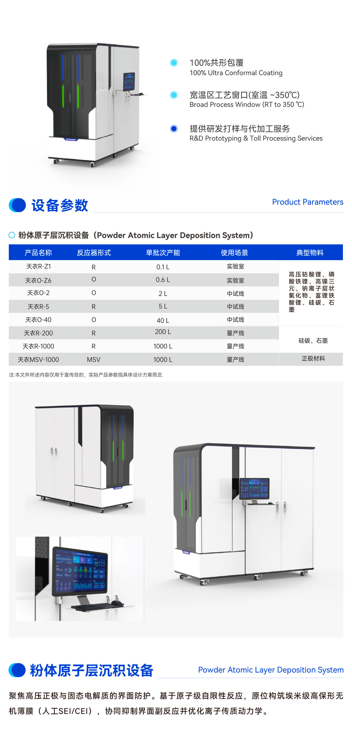 智子未来粉体原子层沉积设备技术参数表与不同批次产能规格